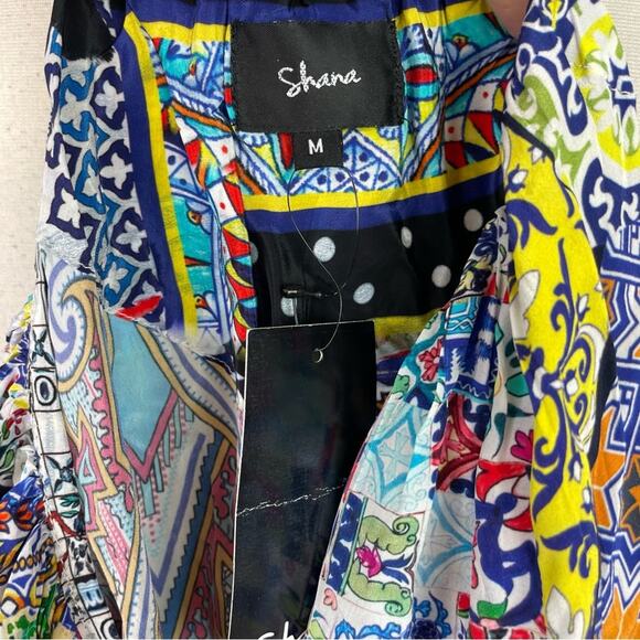 Shana Multicolor Geometric Floral  Flared Sleeve Button Front NWT Silk Top  Med - Picture 8 of 9